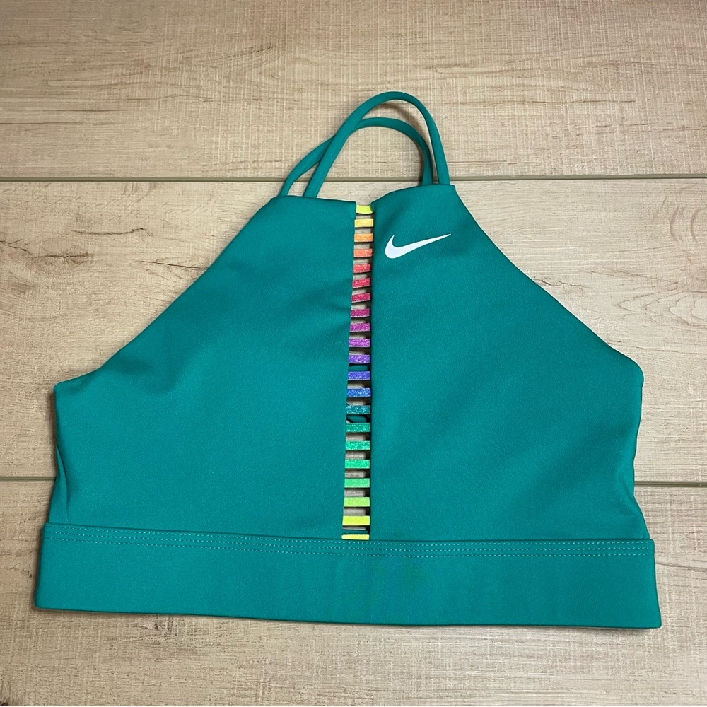 NIKE | NIKE DRI-FIT Teal Rainbow 🌈 High Neck Sports Bra Top, Size Small